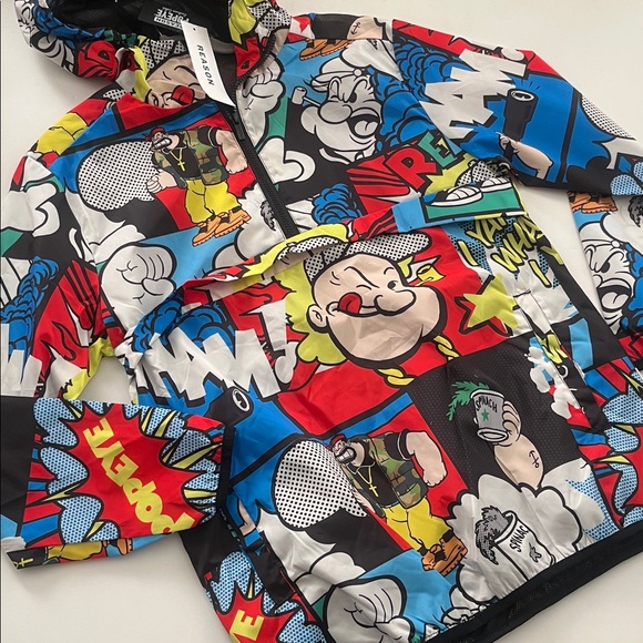 Reason Popeye Multicolor Graphic Jacket All Over Comic print Rain Windbreaker - Picture 6 of 10